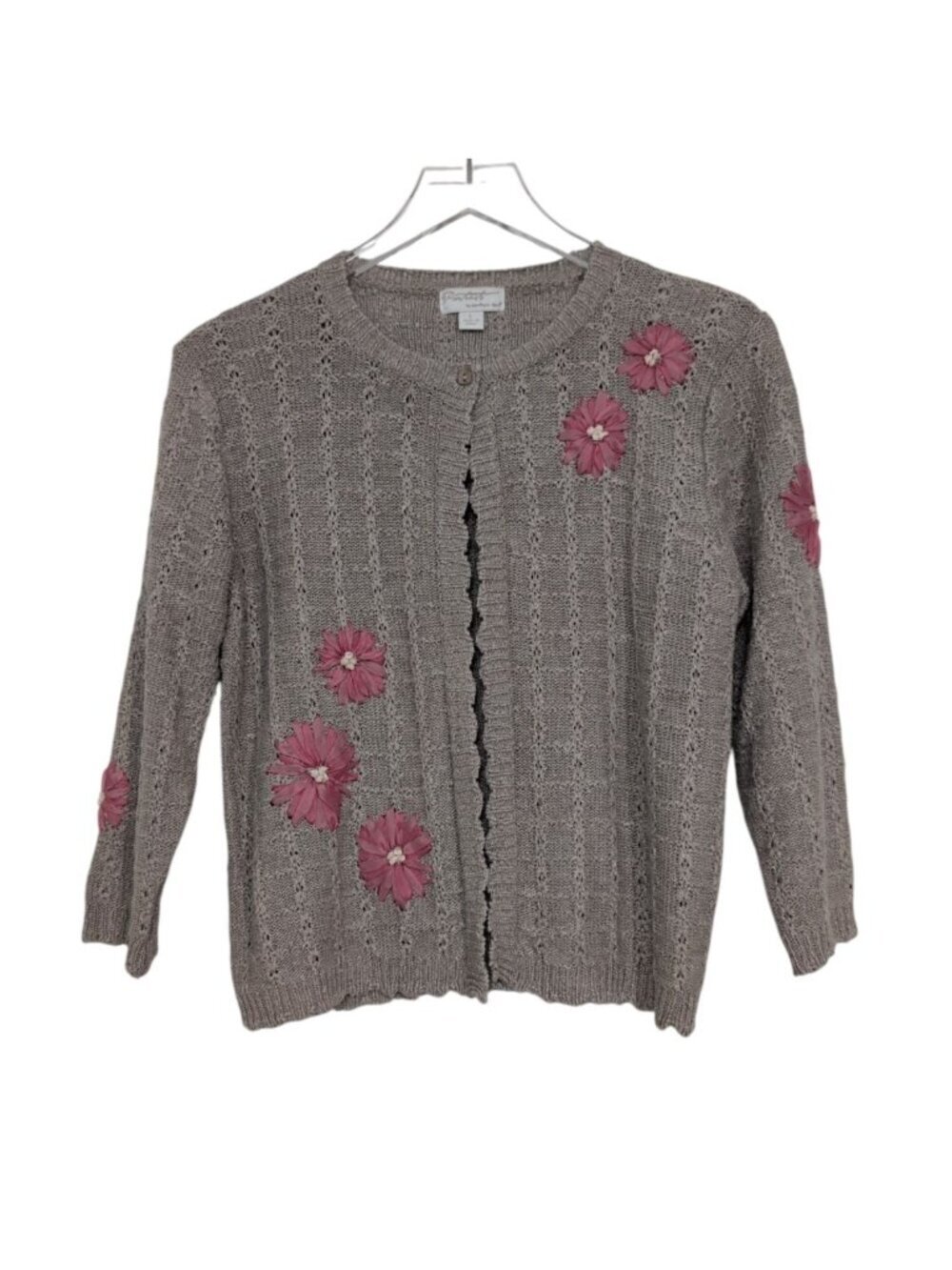 Portraits Northern Isles 100% Linen Floral Cardigan Womens Size Large Flax Beige